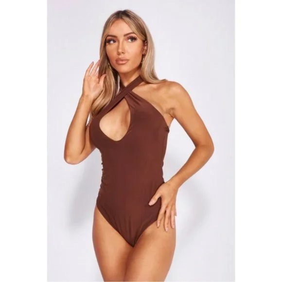 Brown Sleeveless Halter Neck Open Back Backless Bodycon Bodysuit Leotard Top - Picture 12 of 16
